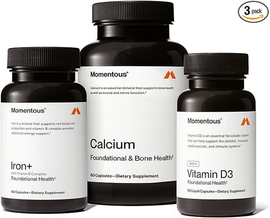 Momentous The Women's Three Bundle - Iron+, Calcium, & Vitamin D3 (2000 IU) - 3 Critical Nutrients for All Women in 1 Daily Supplement System - NSF Certified for Sport - Gluten Free - 60 Servings