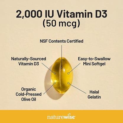 NatureWise Vitamin D3 2000iu (50 mcg) 30-Day Supply for Immune Support, Healthy Muscle Function, and Bone Health - Non-GMO, Gluten Free in Organic Extra Virgin Olive Oil, (Mini Softgel), 30 Count