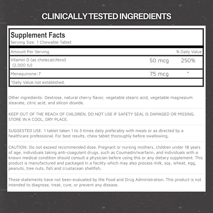 Vitamin D3 + K2 Chewable Tablets – 2000 IU D3 & 75 mcg K2 MK-7 – Halal Certified – Immune, Bone & Heart Support – Natural Cherry Flavor – 90 Tablets – Made in USA