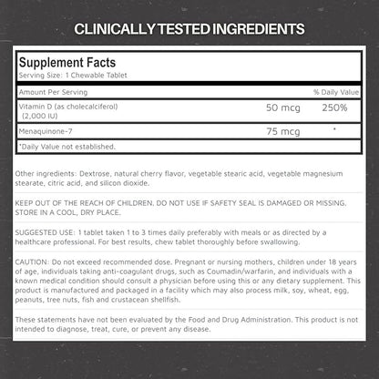 Vitamin D3 + K2 Chewable Tablets – 2000 IU D3 & 75 mcg K2 MK-7 – Halal Certified – Immune, Bone & Heart Support – Natural Cherry Flavor – 90 Tablets – Made in USA