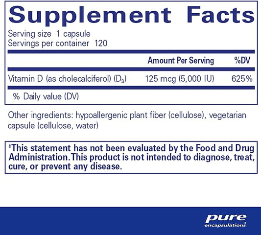 Pure Encapsulations Vitamin D3 125 mcg (5,000 IU) - Supplement to Support Bone, Joint, Breast, Heart, Colon, and Immune Health* - with Vitamin D - 120 Capsules