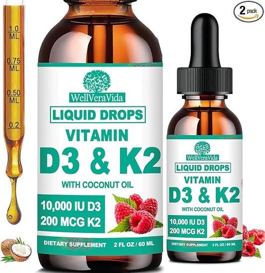 2 Pack D3 K2 Vitamin 10000iu, Liquid Drop Vitamin D3 With K2 (MK-7)200mcg Coconut Oil, 6X Stronger Than D3 K2 Sofegels, Magnesium Zinc for Absorption -K2 D3 Supplement for Joint Teeth & Bone Health
