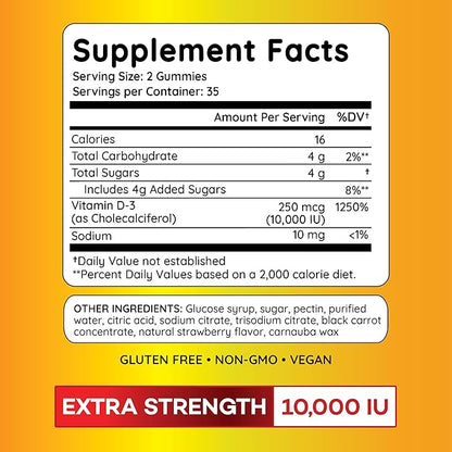 PAYÉ Vitamin D Gummies, D3, 10,000 IU (250 mcg) per Serving, Dietary Supplement for Bone, Teeth, Muscle and Immune Health Support Kids and Adults* - 140 Count