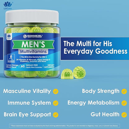 Mens Multivitamins Gummies, Multiminerals, Vegan Omega 3, CoQ10, Probiotics, Daily Mens Vitamins A C D3 E B6 B12, Methylated Multivitamin for Men - Energy, Immunity, Sugar Free, Vegan (No Iron) 60 Cts