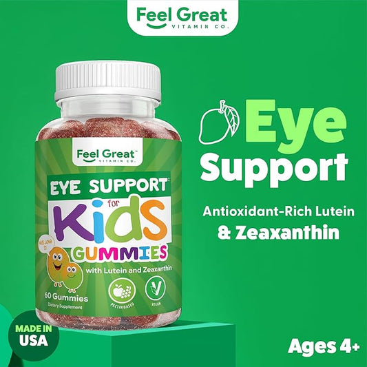 Feel Great Kids Gummy Vitamins for Eyes | Essential Eye Vitamins Lutein and Zeaxanthin | Mango Flavored Vegan Eye Vitamins for Kids | Gluten Free | 60 Day Supply