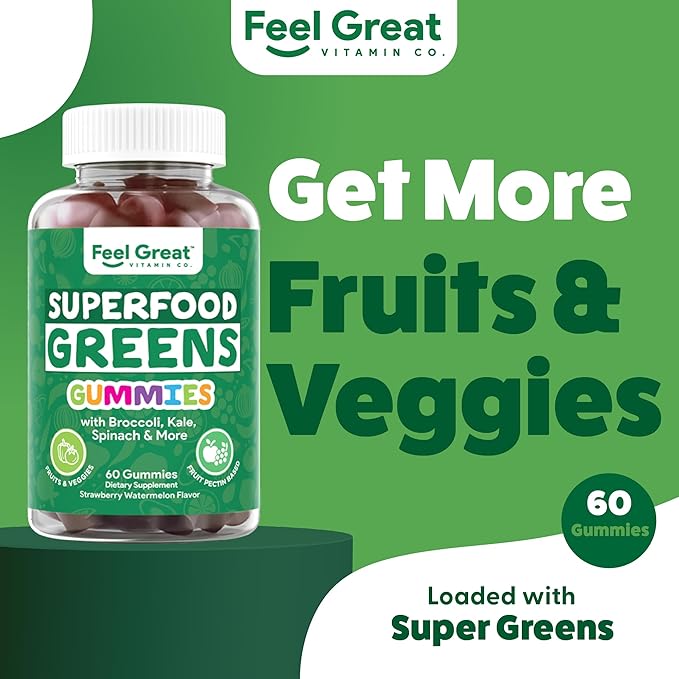 Super Greens Gummies - Green Superfoods Supplement with Spinach, Broccoli, Kale, Beet Root, Elderberry for Immunity Support - Fruit and Vegetable Supplement - Watermelon Flavor, 60 Gummies