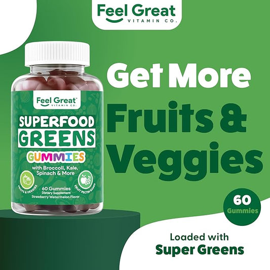 Super Greens Gummies - Green Superfoods Supplement with Spinach, Broccoli, Kale, Beet Root, Elderberry for Immunity Support - Fruit and Vegetable Supplement - Watermelon Flavor, 60 Gummies