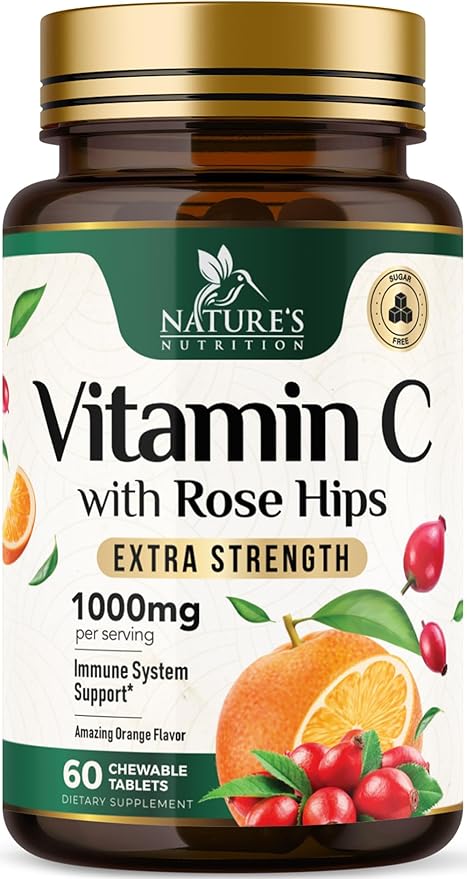 Vitamin C Chewable 1000mg - Extra Strength Antioxidants for Powerful Immune Support w/Vitamin C & Rose HIPS - Potent Dietary VIT C Chews Supplement, Natural, Vegan, Gluten-Free, Non-GMO - 60 Tablets