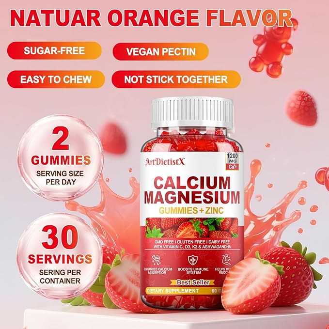 Calcium Magnesium Zinc Gummies with Vitamin D3 for Adults, Calcium Citrate 1200mg with K2, Boron, Copper and Ashwagandha, Absorption Calcium Supplement for Bone, Muscle, Immune for Men Women, 60 Count