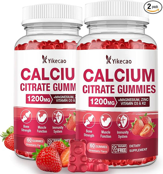2 Pack Calcium Citrate Gummies 1200mg, Calcium Supplements for Women & Men, Calcium Gummies with Vitamin D3, K2, Magnesium, Zinc, Potassium, Muscle & Immune Support, Strawberry Flavor, 120 Count