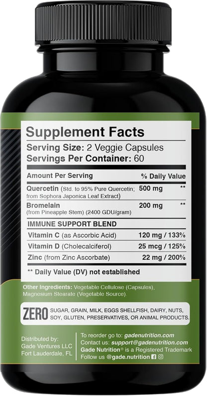 Gade Nutrition Quercetin with Vitamin C and Zinc - Quercetin 500mg - Quercetin with Bromelain - Zinc Quercetin - Quercetin Supplements + Vitamin D3 (Non-GMO, Gluten-Free, Vegan) - 6 Month Supply