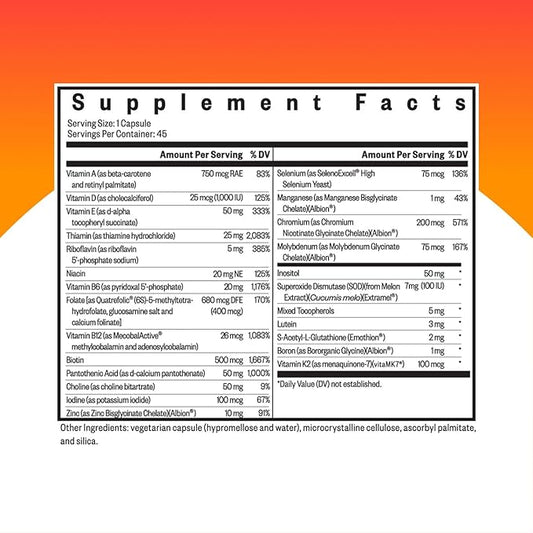 Seeking Health Multivitamin One, 1 a Day Multivitamin Supplement for Adults, Methyl B12 and Methylfolate, Vitamin A, Bioavailable Nutrients for Men and Women, Vegetarian (45 Capsules)