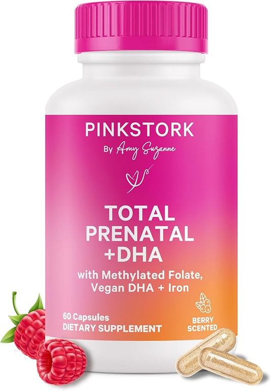 Pink Stork Total Prenatal Vitamins with DHA, Folate, Iron, Choline, and Vitamin B12 - Prenatals for Women to Support Fetal Development, Pregnancy Essentials, Berry Essence, 60 Capsules, 1 Month Supply