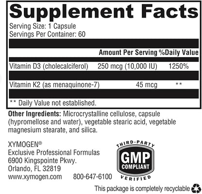 XYMOGEN K2-D3 10000 - Vitamin D3 K2 - Bioavailable Vitamin D 10,000 IU (Cholecalciferol) with MK-7 - Heart, Arterial, Bone Health + Immune Support Supplement (60 Capsules)