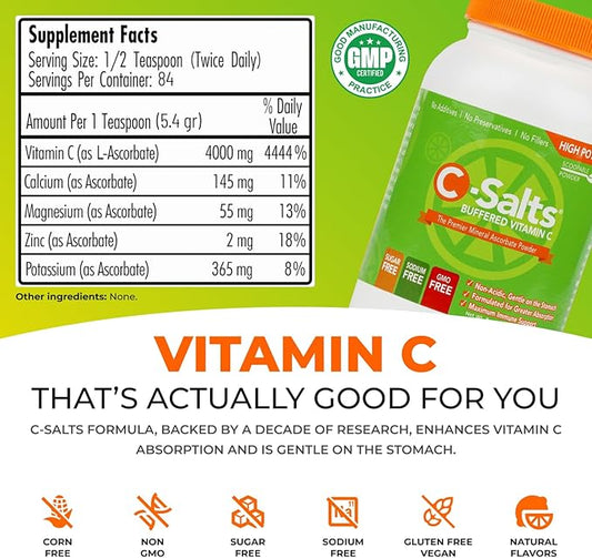 C-Salts Original Vitamin C Powder Supplement - 100% Pure High Dose Buffered Vitamin C Powder for Immune Support - Sugar-Free Powdered Drink Ascorbate, Organic, Stomach-Friendly, Original 8oz