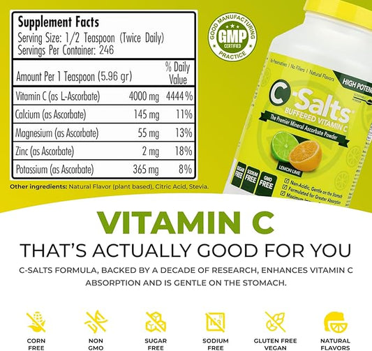 C-Salts Original Vitamin C Powder Supplement - 100% Pure High Dose Buffered Vitamin C Powder for Immune Support - Sugar-Free Powdered Drink Ascorbate, Organic, Stomach-Friendly, Lemon Lime 26oz