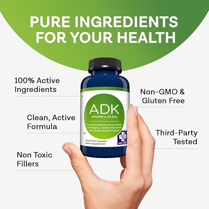 MD.LIFE A D K Vitamin Supplement - Vitamin D3 K2 and A - 90 Capsules - Bone Health and Heart Health Support – High Potency Vitamin ADK Supplement - ADK Complex