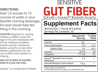 Sensitive Gut Fiber Supplement - Each Tub = 30 Scoops = 30 Day Supply - 6 Grams of Dietary Fiber Per Serving - with Galactomannan Guar Fiber, Baobab Fruit Powder (1 Tub)