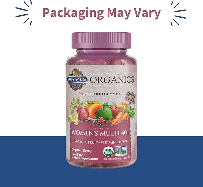 Garden of Life Organics Women 40+ Gummy Vitamins - Berry - Certified Organic, Non-GMO, Vegan, Kosher Complete Multi - Methyl B12, C & D3 - Gluten, Soy & Dairy Free, 120 Real Fruit Gummies