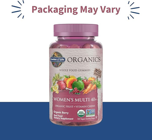 Garden of Life Organics Women 40+ Gummy Vitamins - Berry - Certified Organic, Non-GMO, Vegan, Kosher Complete Multi - Methyl B12, C & D3 - Gluten, Soy & Dairy Free, 120 Real Fruit Gummies