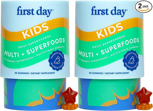 FIRST DAY Kids Multivitamin Gummies Age 4+, Strawberry & Orange - Kids Vitamins Multivitamin Gummy A C D3 K2 B1 B2 B6 B12 Folate, Immunity & Brain Function, Vegan - 60 Day Supply, Packaging May Vary