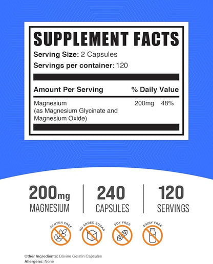 BulkSupplements.com Magnesium Glycinate Capsules - Magnesium Supplement, Magnesium Glycinate 200mg - Gluten Free, 2 Capsules per Serving, 240 Count (Pack of 1)