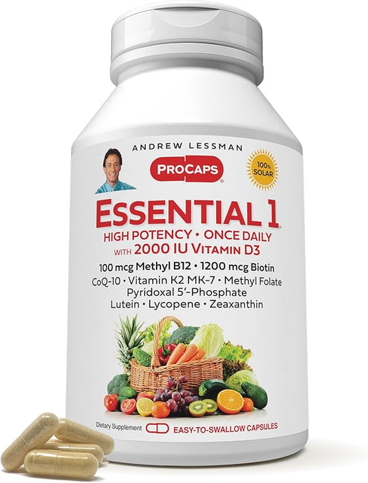 ANDREW LESSMAN Essential-1 Multivitamin 2000 IU Vitamin D3 60 Small Capsules - 100 mcg Methyl B12. CoQ10 Lutein Lycopene Zeaxanthin. High Potency. No Additives. Ultra-Mild. One Daily Capsule