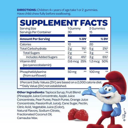 Smurfs Focus Gummies for Kids | Kids Focus and Attention Supplement with Phosphatidylserine | Made with Real Fruit | Doctor Developed | Non-GMO and No Artificial Flavors or Colors | 30 Gummies