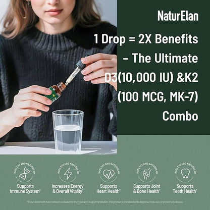 Organic Vitamin D3 K2 Drops with MCT Oil, 10,000 IU Vitamin D Liquid Drops + 100mcg K2(MK-7), 320 Servings, Supports Bone, Immune, Heart & Teeth Health, Third-Party Tested, Vegan, Non-GMO, Gluten Free