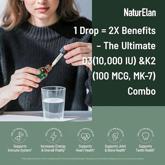 Organic Vitamin D3 K2 Drops with MCT Oil, 10,000 IU Vitamin D Liquid Drops + 100mcg K2(MK-7), 320 Servings, Supports Bone, Immune, Heart & Teeth Health, Third-Party Tested, Vegan, Non-GMO, Gluten Free