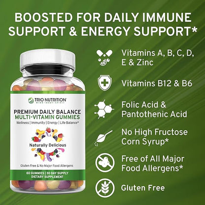 TRIO NUTRITION Daily Multivitamin Gummies for Men & Women - Natural Fruit Flavor with Essential Vitamins A, B, C, D, E & Zinc - Gluten-Free Immune Support & Energy Boost Supplement
