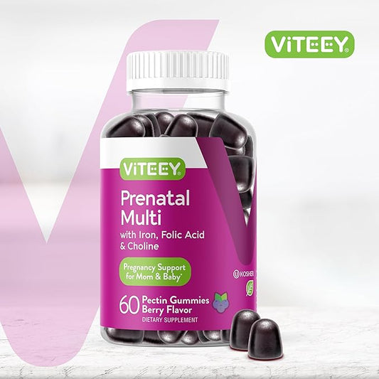 Viteey Prenatal Gummies for Women - Prenatal with Iron for Pregnancy with Choline & Folic Acid Gummies - Vegetarian, Gluten Free - 60 Count