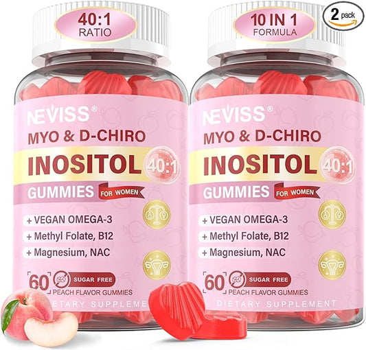Myo-Inositol & D-Chiro Inositol Gummies for Women 2000mg + 50mg, 40:1 Ratio Inositol with Vegan Omega-3 + D3, Magnesium Glycinate, Methyl Folate + B12 for Female Health & Wellness, Sugar Free, 120 Cts