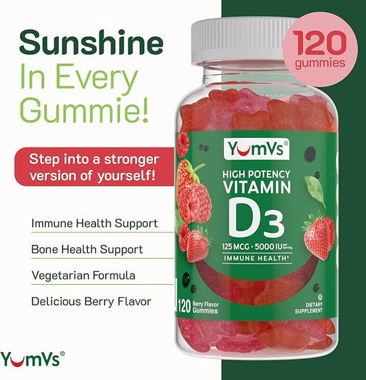 Vitamin D3 Gummies 5000 IU 125mcg D3 Gummies - Support Immune Support, Strong Bone Health - Non-GMO, Gluten-Free, Dairy-Free, Vitamin D Gummy(120 Count)