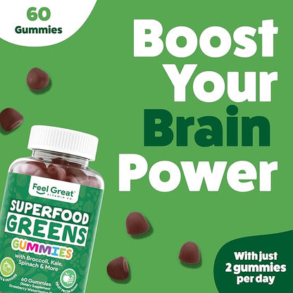 Super Greens Gummies - Green Superfoods Supplement with Spinach, Broccoli, Kale, Beet Root, Elderberry for Immunity Support - Fruit and Vegetable Supplement - Watermelon Flavor, 60 Gummies