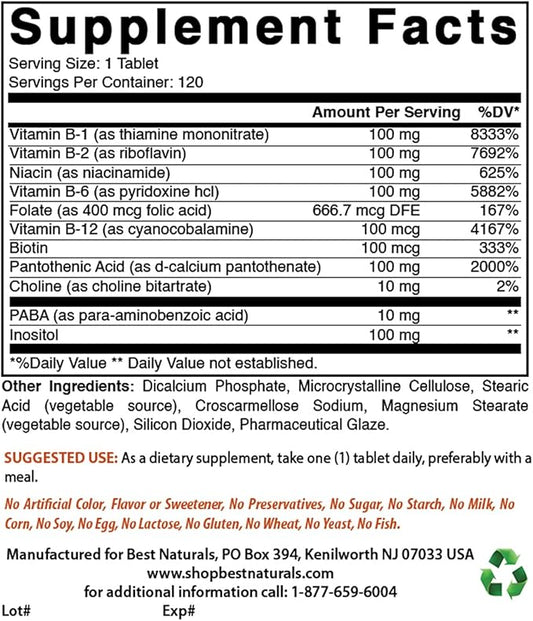 Best Naturals B-100 Complex for adults, 120 Tablets