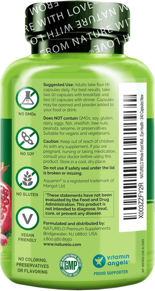 NATURELO Whole Food Multivitamin for Men 50+ - with Vitamins, Minerals, Organic Herbal Extracts - Vegan Vegetarian - for Energy, Brain, Heart and Eye Health - 240 Capsules