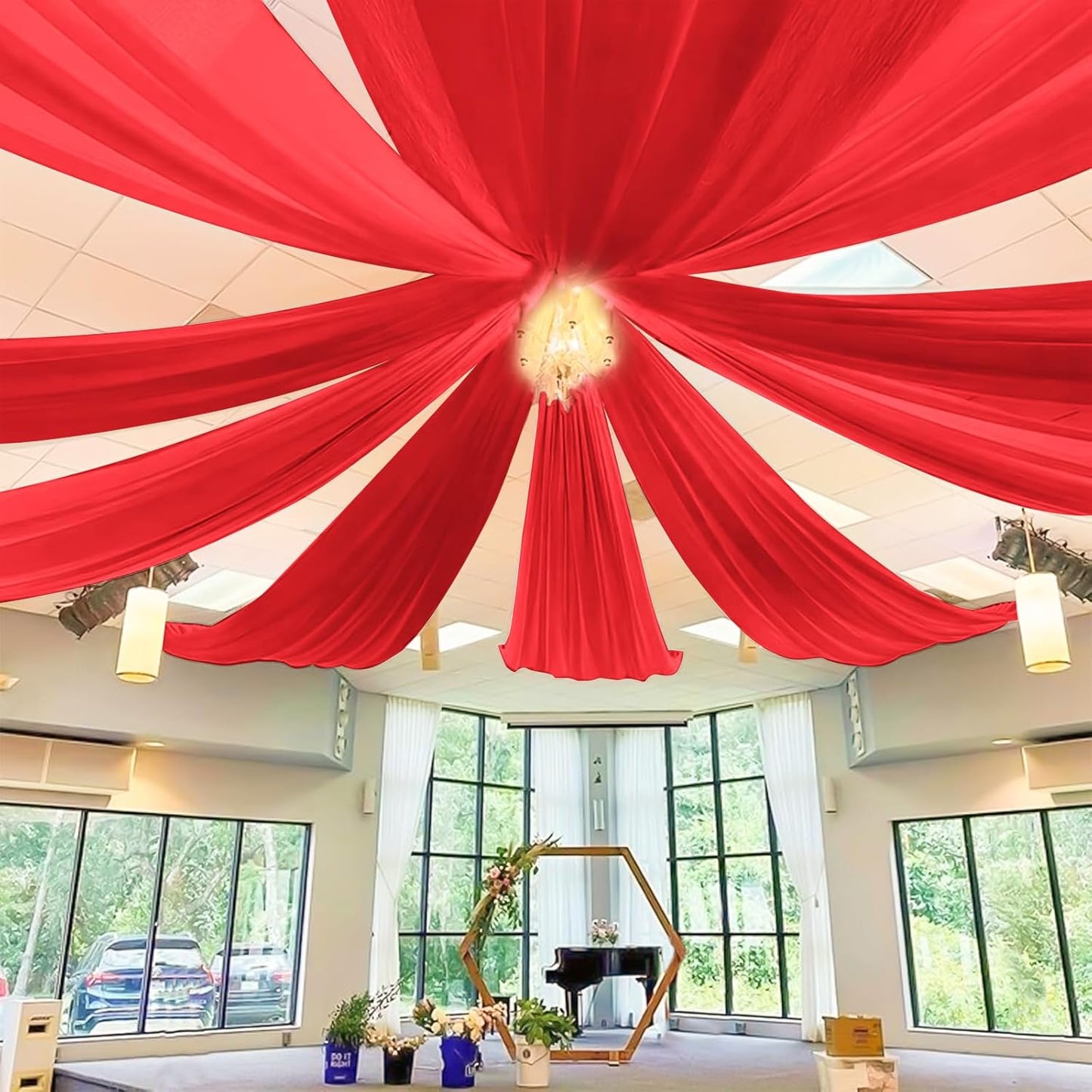 6 Panels Red Ceiling Drapes for Wedding 5ftx10ft Chiffon Fabric Arch Draping Curtains Sheer Drapery for Party Ceremony Birthday Baby Shower Reception Stage Swag Ceiling Decorations