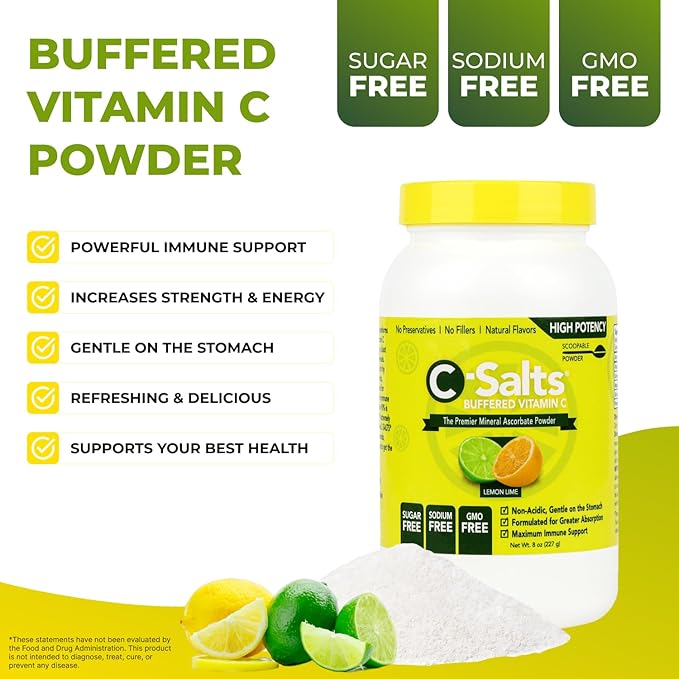 C-Salts Original Vitamin C Powder Supplement - 100% Pure High Dose Buffered Vitamin C Powder for Immune Support - Sugar-Free Powdered Drink Ascorbate, Organic, Stomach-Friendly, Lemon Lime 26oz