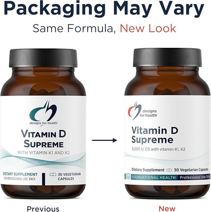 Designs for Health Vitamin D Supreme - Vitamin D 5000 IU with 2000mcg Vitamin K as MK4 for Bone Health, Heart Health & Immune Support - Vitamin D3 Enhanced with GG Supplement (30 Capsules)