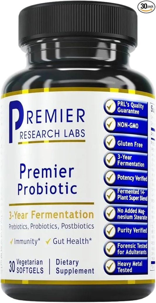 Premier Research Labs Premier Probiotic - Pre Pro Post Biotics for Women & Men, Quad Biotic, Quadbiotic, Prebiotics, Probiotics, Postbiotics & Phytobiotics - 30 Vegetarian Softgel Capsules