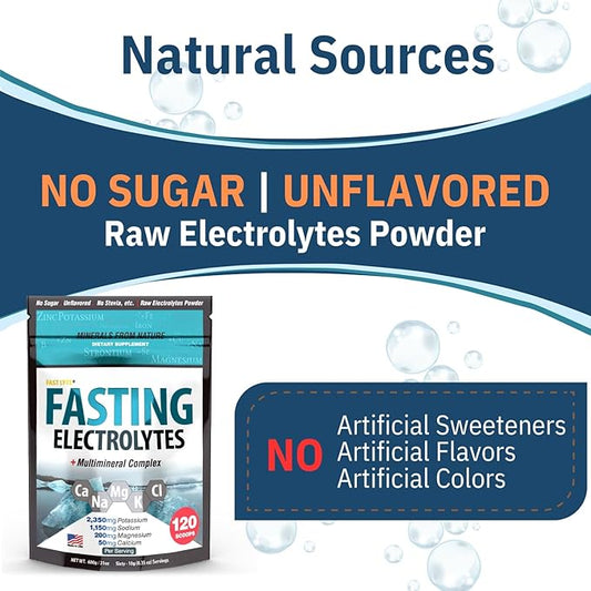 Fasting Electrolyte Supplement Powder | No Sugar Unflavored Raw Electrolytes | 100% RDA Magnesium and Potassium with Trace Minerals | Carnivore & Keto Friendly | Sugar Free Fasting Salts