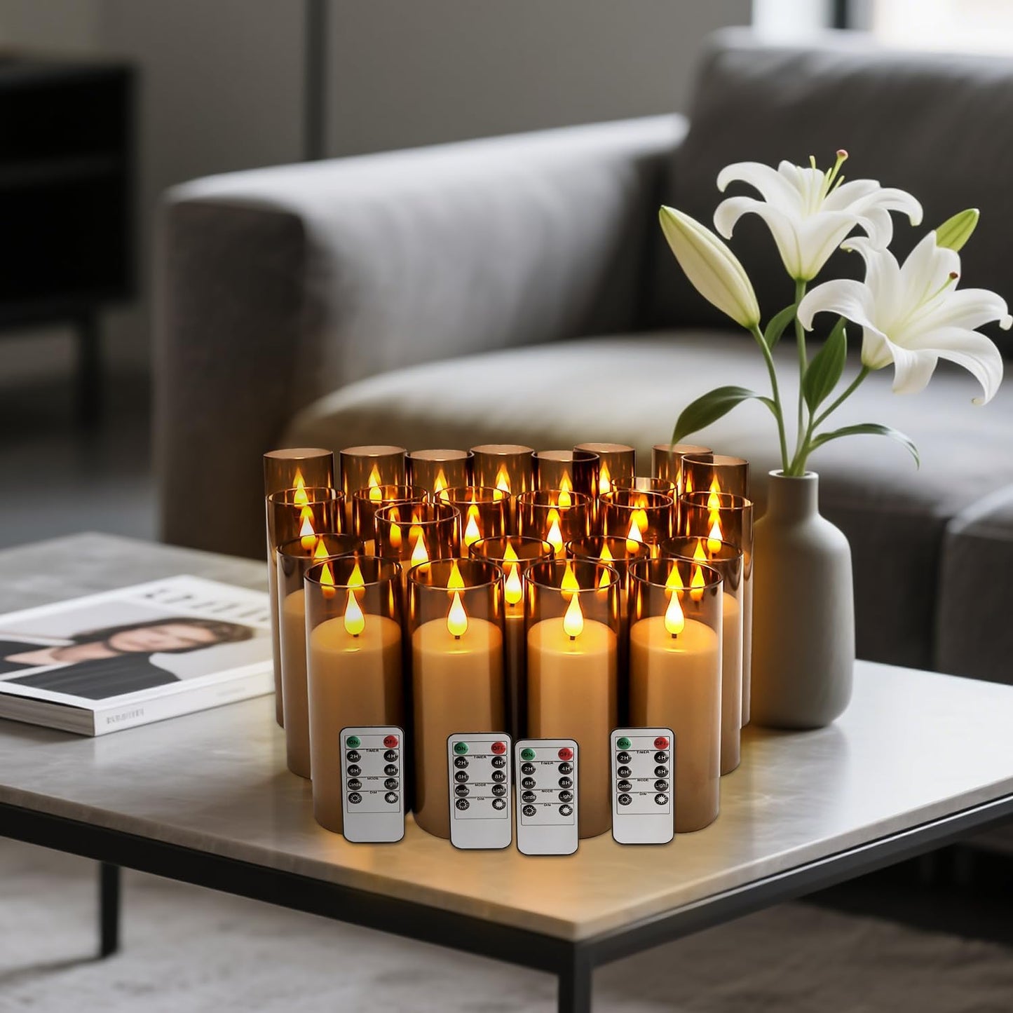 Halloween Decoration Flickering Flameless Candles Battery Operated Timer Led Pillar Candles with Realistic Moving Wick Candles for Home Decor 24 Pack (D2.2 xH 5" 6" 7")(Grey)