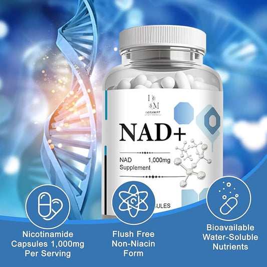 INSTAMART NAD+ Supplement 1000mg | Nicotinamide Riboside & Resveratrol | Nicotinamide NAD Supplement – 180 Veggie Capsules, Non GMO