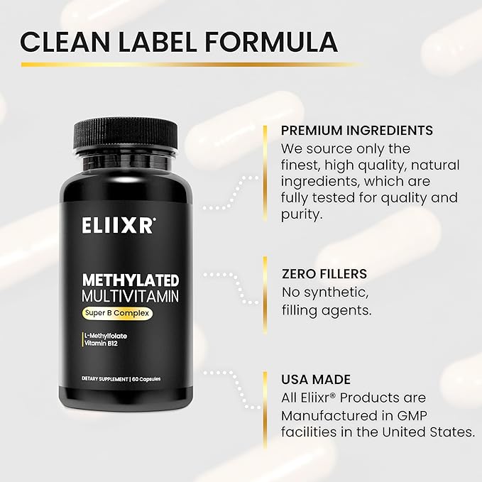 Eliixr Methylated Multivitamin Supplement for Men and Women with Active Methyl B12 and 5-MTHF Methylfolate 60 Vegetable Capsules Iron Free Made in The USA