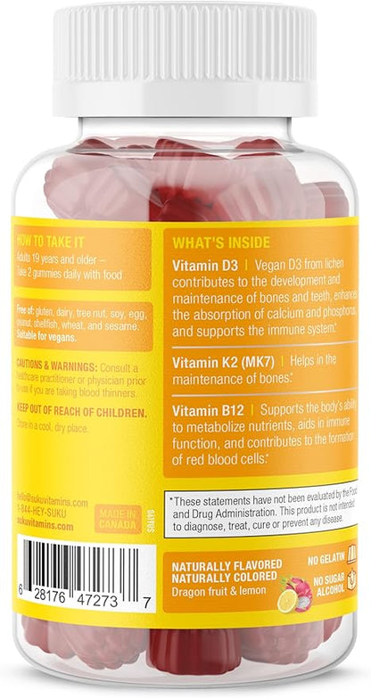 Vegan D3 + K2 + B12 Sugar-Free & Sugar-Alcohol-Free Keto 2000IU Vitamin D Gummy Supplement for Healthy Bones, Immune Function, Healthy Metabolism, Lemon Dragon Fruit Flavor (50 Gummies)