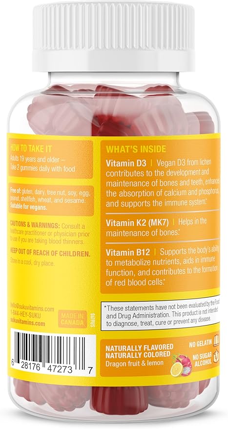 Vegan D3 + K2 + B12 Sugar-Free & Sugar-Alcohol-Free Keto 2000IU Vitamin D Gummy Supplement for Healthy Bones, Immune Function, Healthy Metabolism, Lemon Dragon Fruit Flavor (50 Gummies)