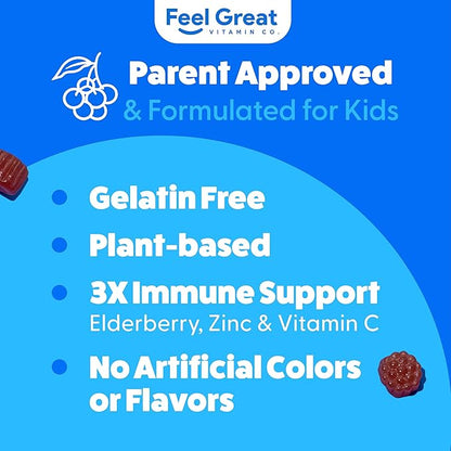 Feel Great Vitamin Co. Elderberry Gummies for Kids | Immune Support | Natural Antioxidant Immune Booster | with Vitamin C and Zinc | Gluten Free & Vegetarian | 90 Gummies