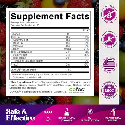 Vitamatic Prebiotic Fiber Gummies for Adults – 7g Fiber per Serving – 60 Pectin-Based Gummies Extra Strength, Zero Sugar Added – Supports Digestive Health & Regularity – Non-GMO, Vegan, Gluten-Free