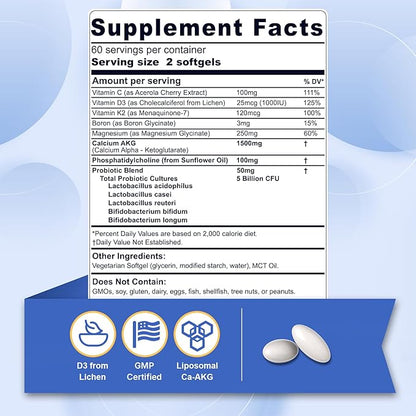 Liposomal Calcium AKG Supplement 1500mg with Vitamin D3 & K2 Softgels for Women & Men│ High Absorption│Calcium Supplements with Magnesium Glycinate, Boron, Probiotics & Vitamin C for Bone - 120 Pills